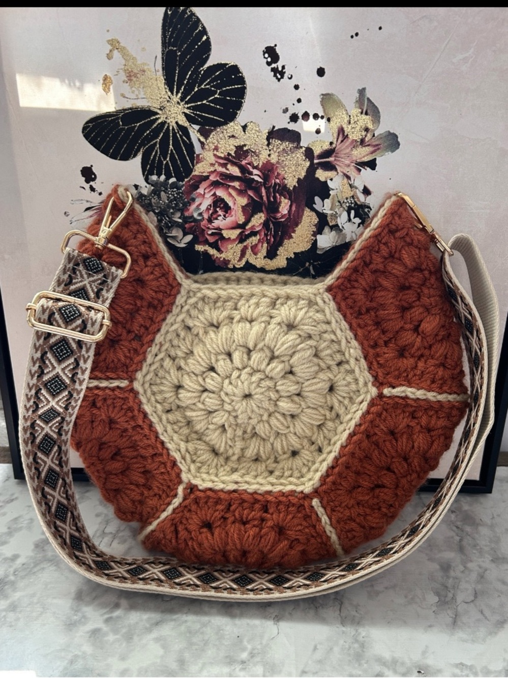 Hexagon Granny Square Crochet (Large) Bag Handmade - custom listing